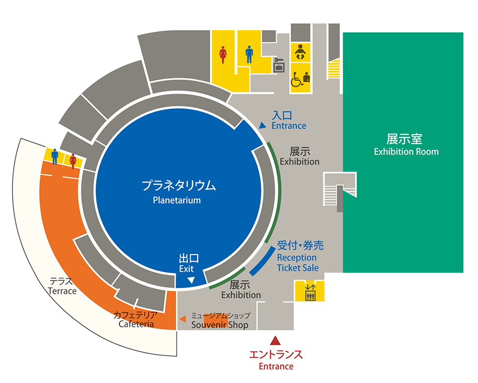 エントランス、受付・発券、プラネタリウム、展示室、ミュージアムショップ、カフェテリア、テラスがあります