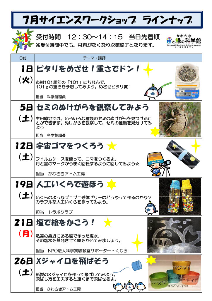 7月のサイエンスワークショップラインナップ