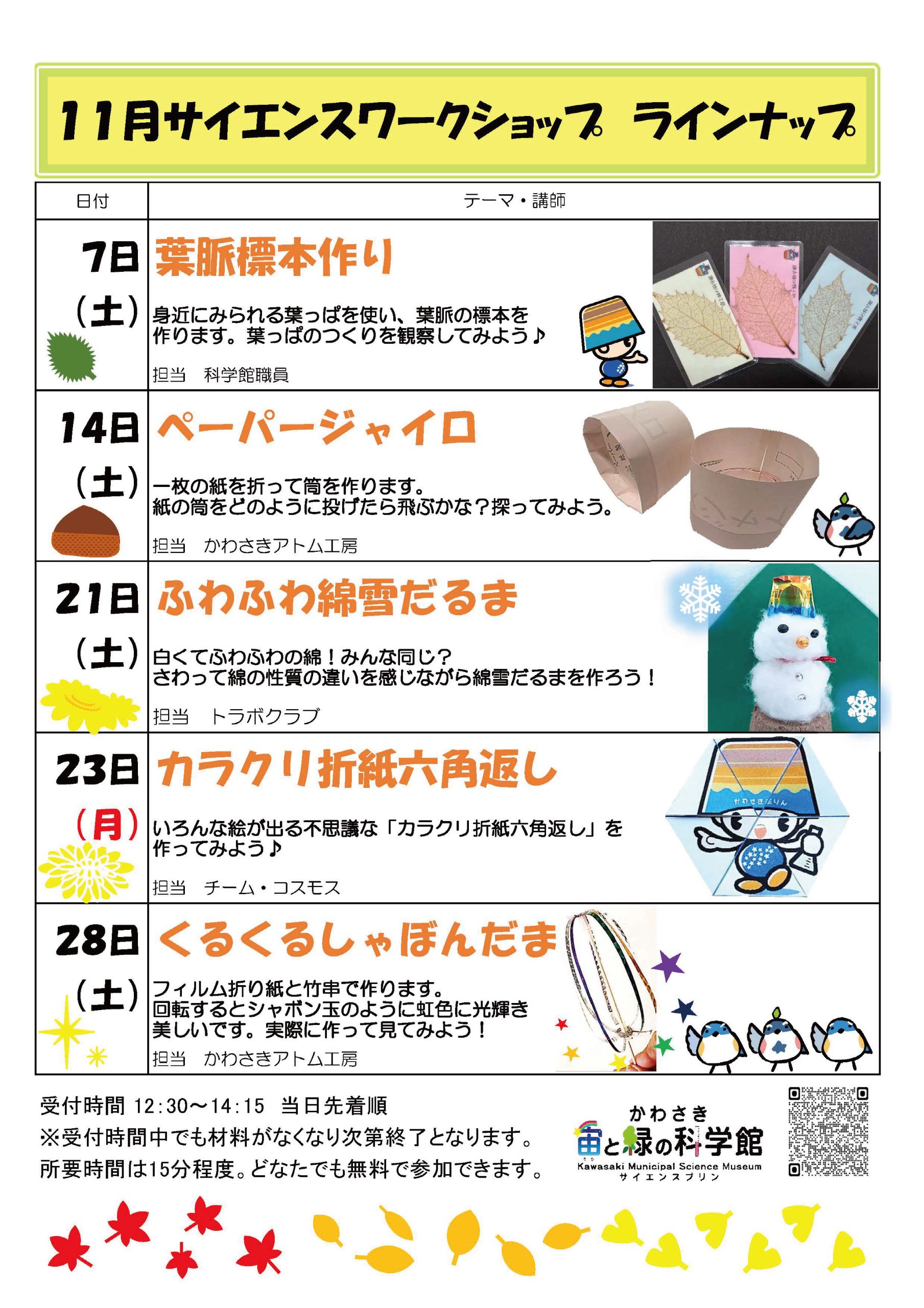 11月のサイエンスワークショップラインナップ